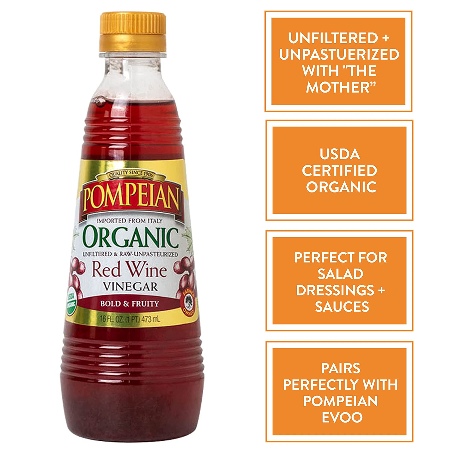 Pompeian Gourmet Organic Red Wine Vinegar， Unfiltered & Unpasteurized， Perfect for Marinades， Salad Dressings， 16 FL. OZ.， Pack of 6 - Image 2